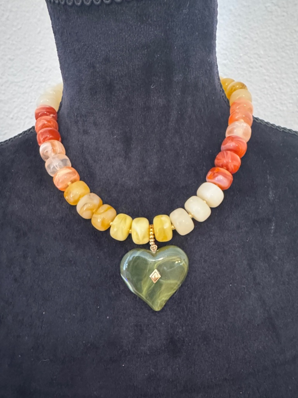 Multicolor Beaded Necklace with Green Heart Pendant